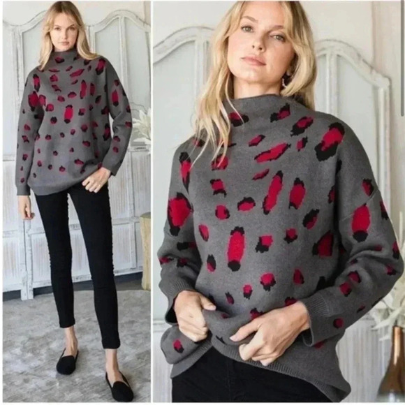 BNWT Charcoal and red Leopard mock turtleneck sweater - Picture 2 of 5